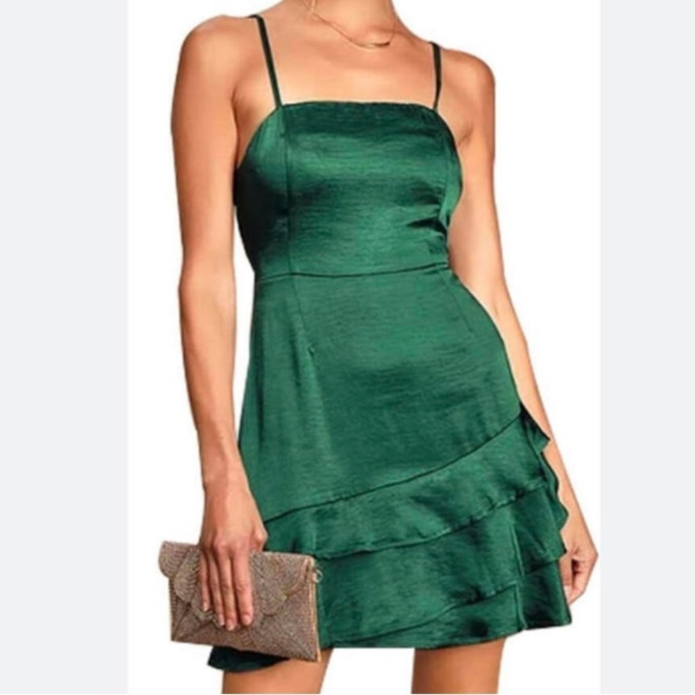 SPEECHLESS green satin ruffle mini dress